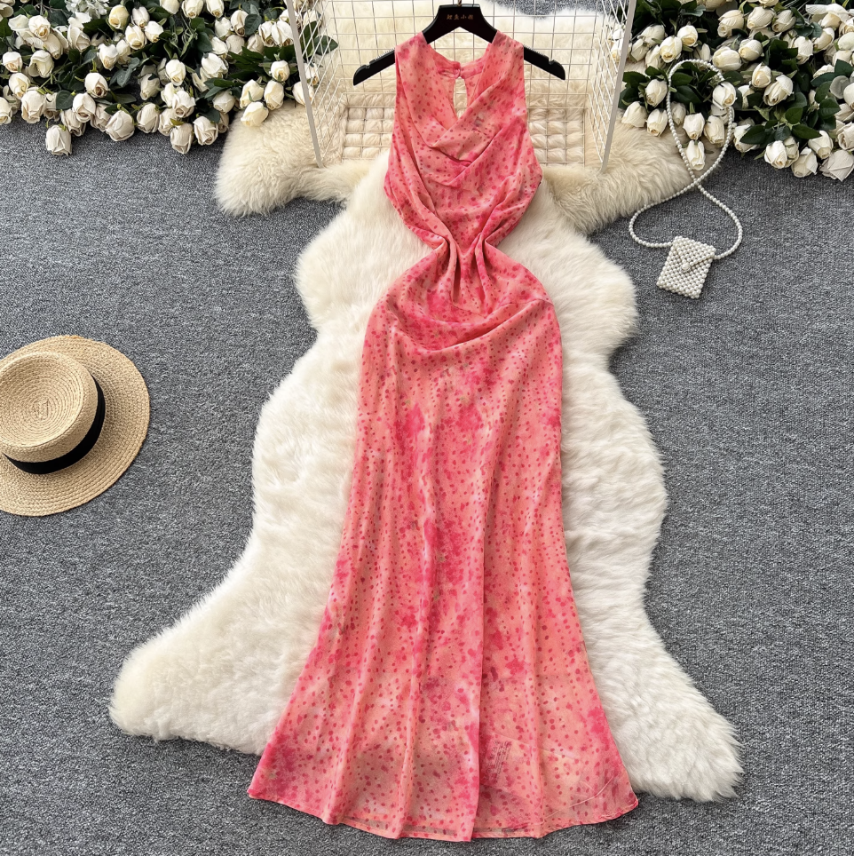 Draped Neckline Floral Fishtail Dress