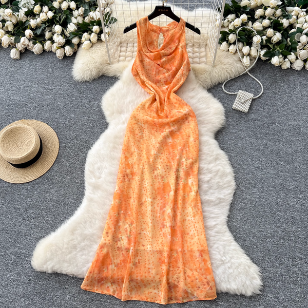 Draped Neckline Floral Fishtail Dress