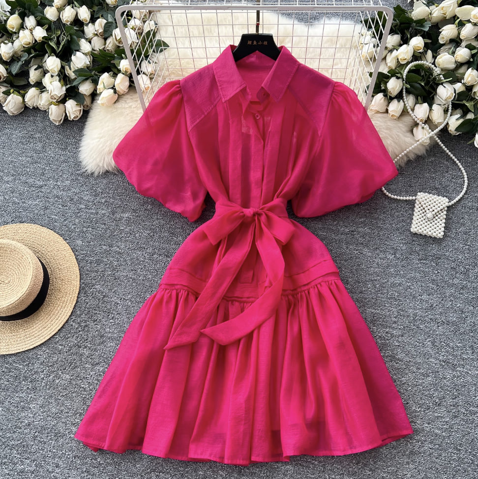 Courtly Puffy Sleeve Shirt Dress