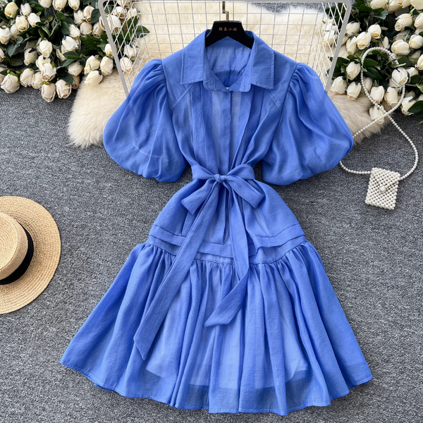 Courtly Puffy Sleeve Shirt Dress