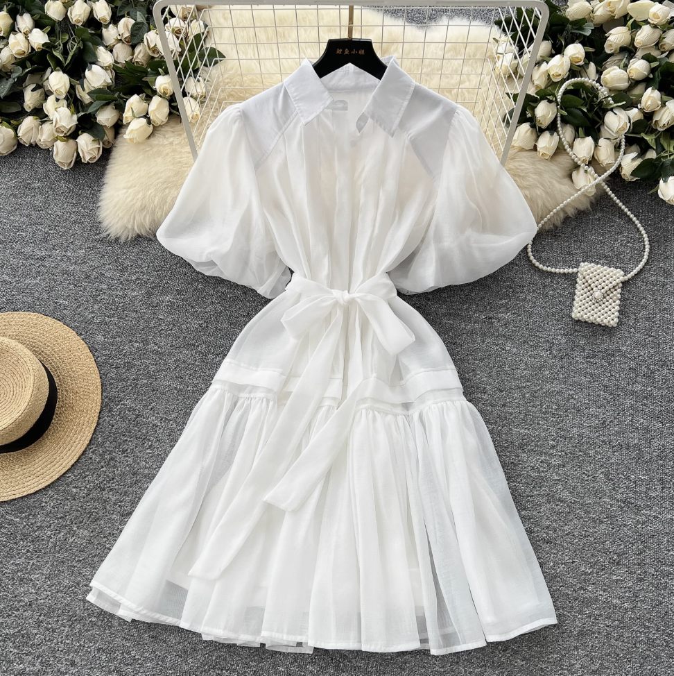 Courtly Puffy Sleeve Shirt Dress