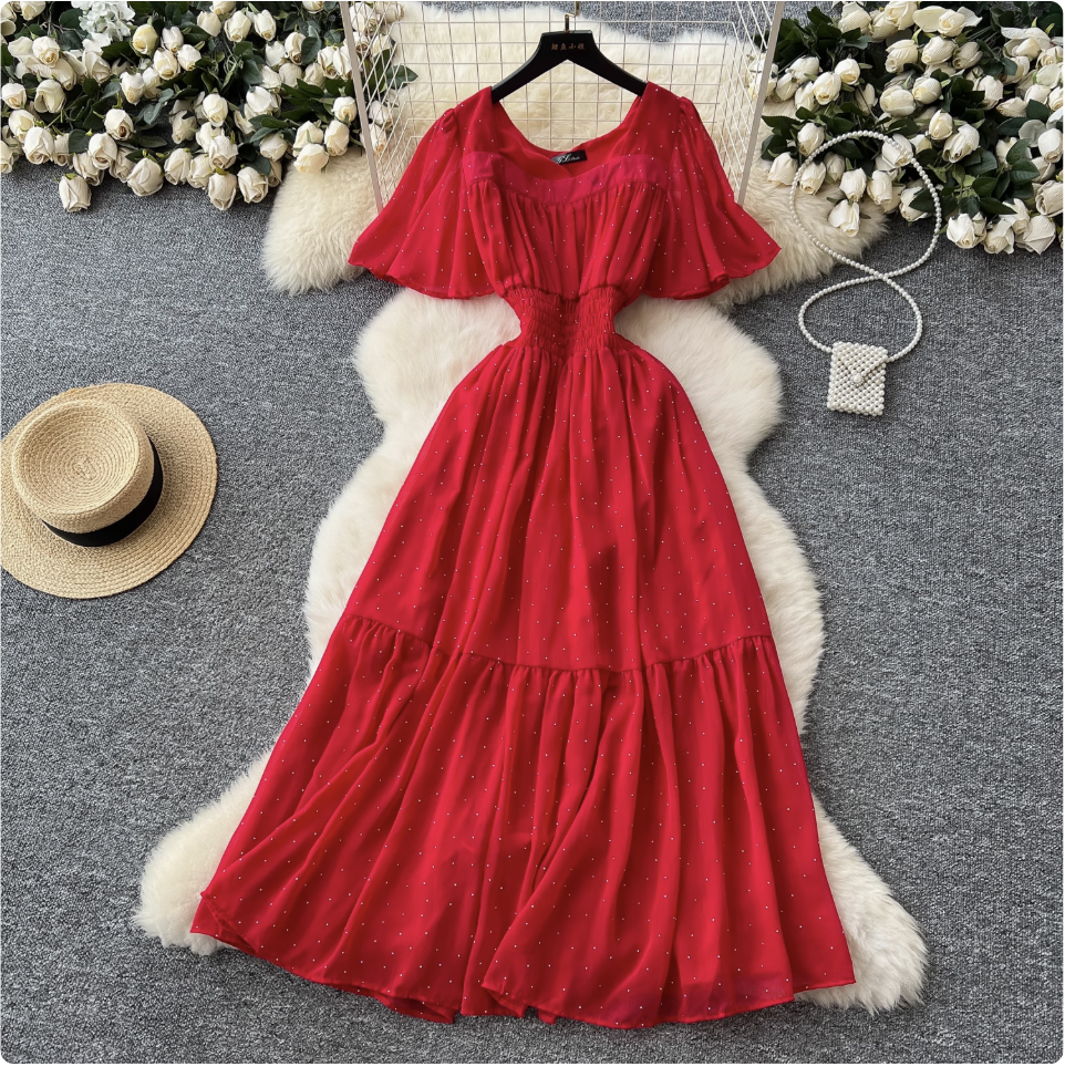 Rhinestone Studded Draped Chiffon Dress