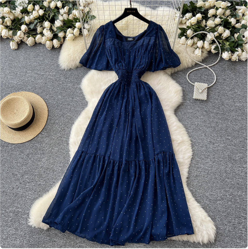Rhinestone Studded Draped Chiffon Dress