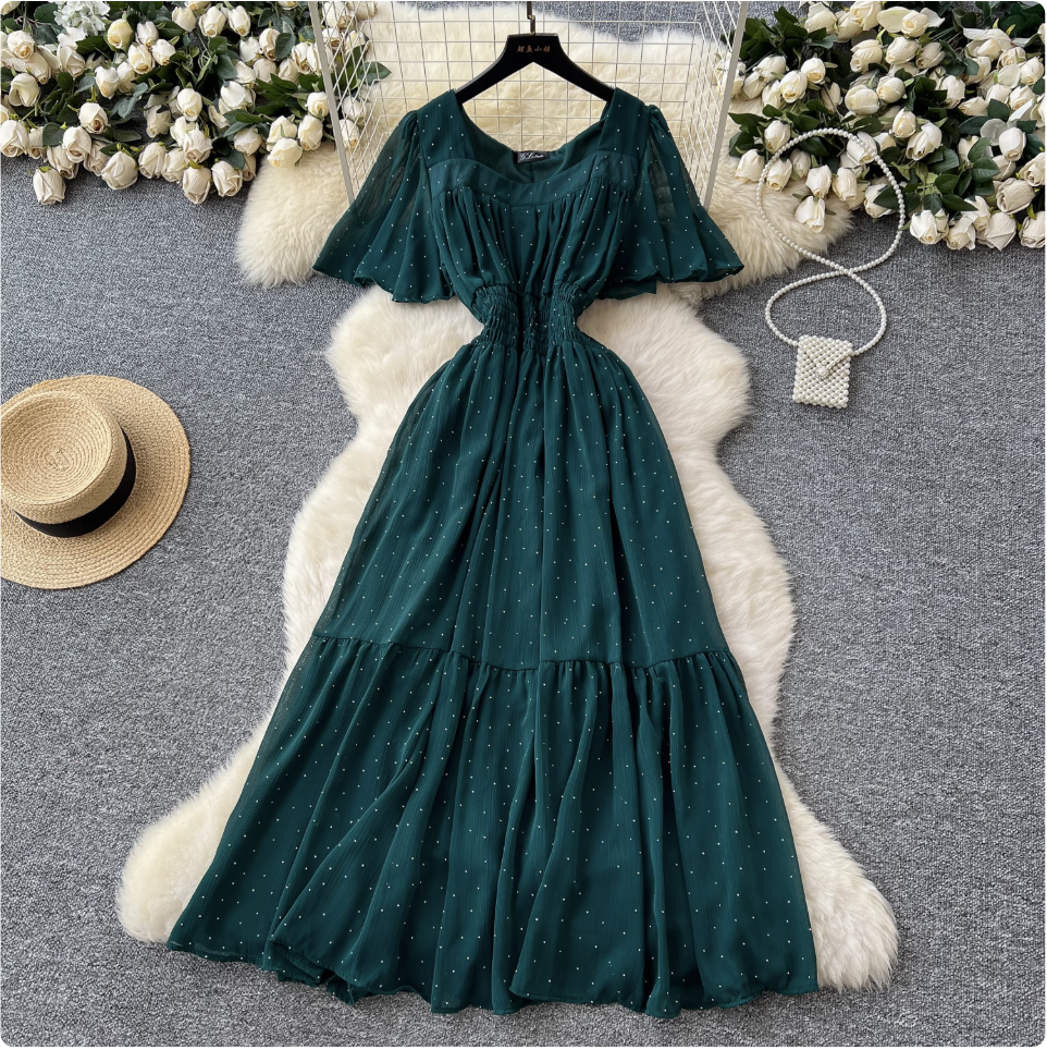 Rhinestone Studded Draped Chiffon Dress