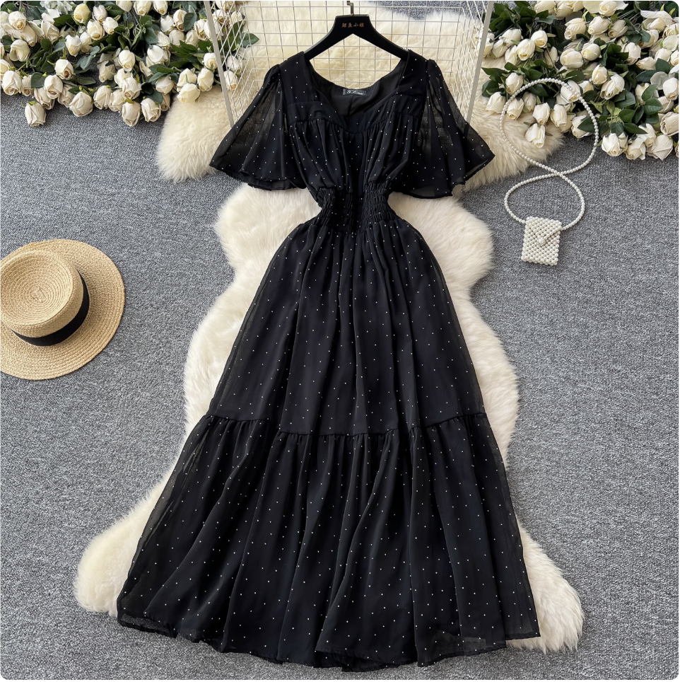 Rhinestone Studded Draped Chiffon Dress