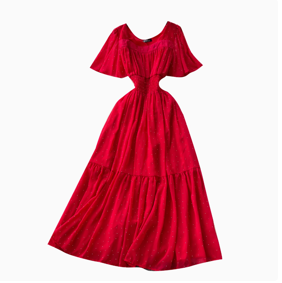 Rhinestone Studded Draped Chiffon Dress