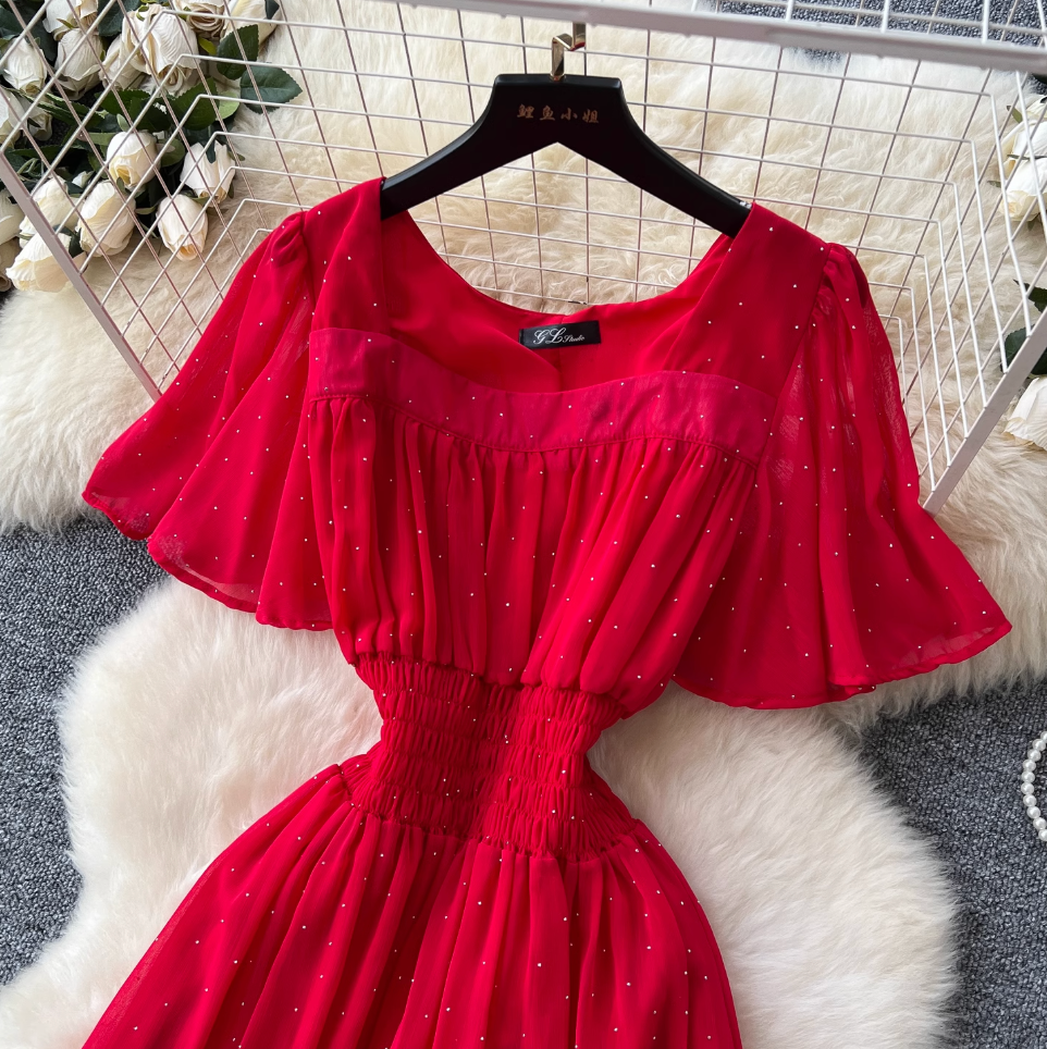 Rhinestone Studded Draped Chiffon Dress
