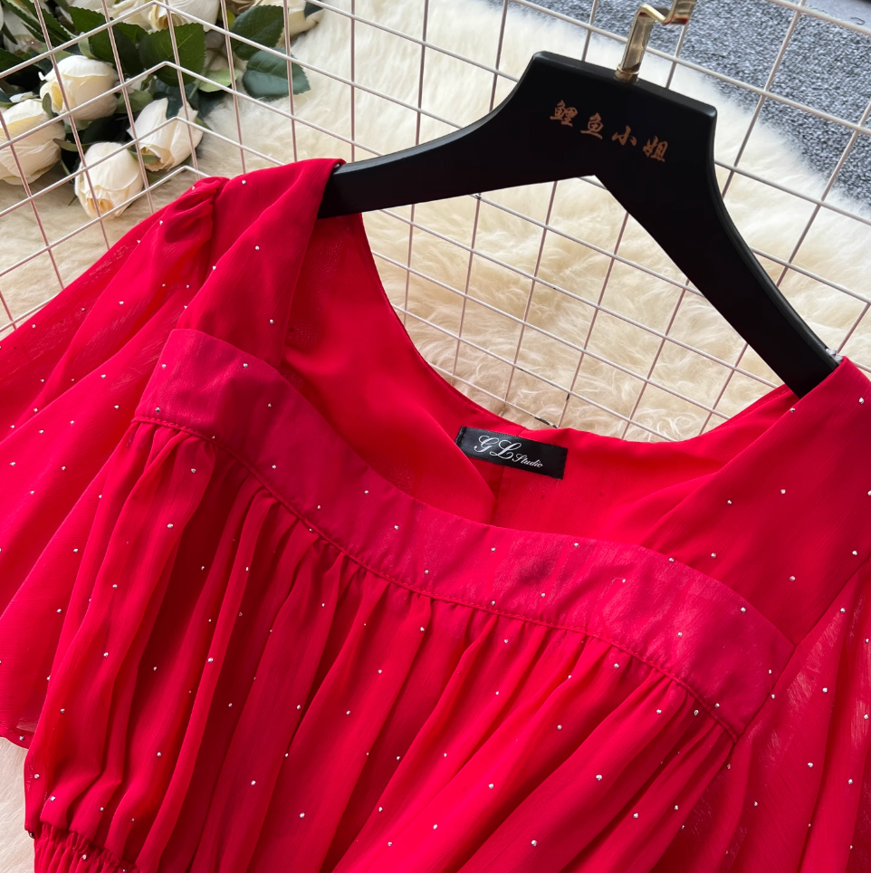 Rhinestone Studded Draped Chiffon Dress