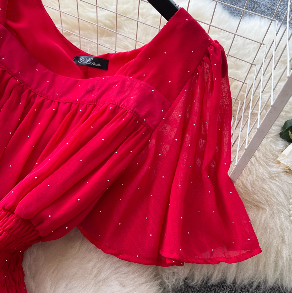 Rhinestone Studded Draped Chiffon Dress