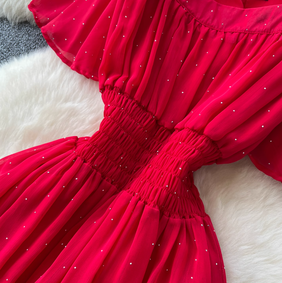 Rhinestone Studded Draped Chiffon Dress