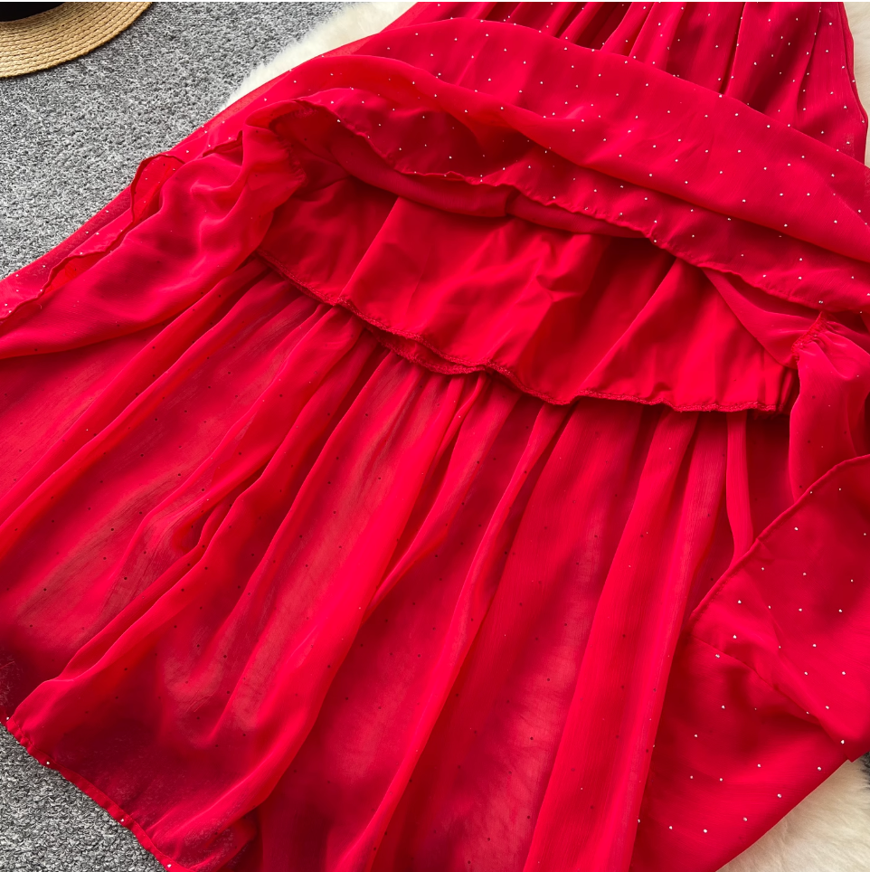 Rhinestone Studded Draped Chiffon Dress
