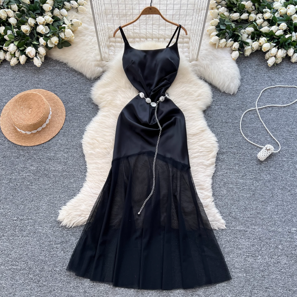 Elegant Satin Mesh Patchwork Dress