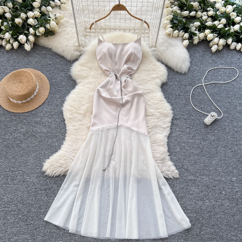 Elegant Satin Mesh Patchwork Dress