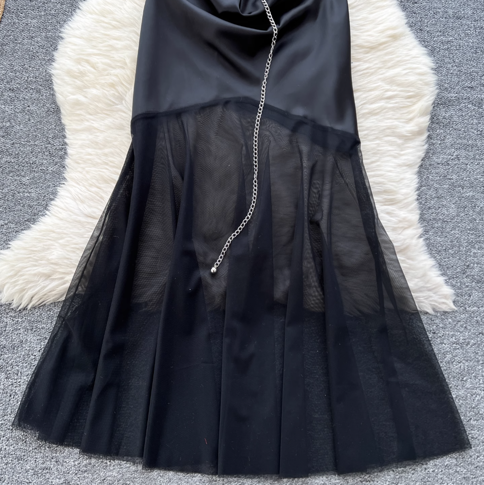 Elegant Satin Mesh Patchwork Dress