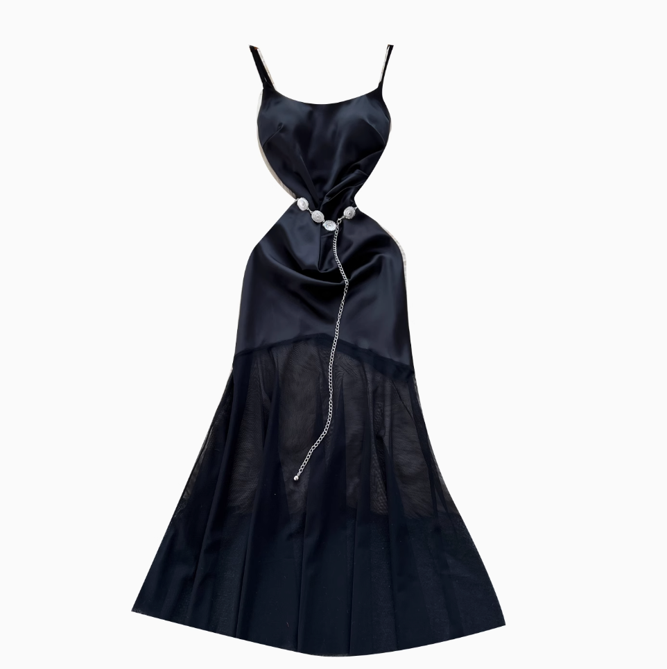 Elegant Satin Mesh Patchwork Dress