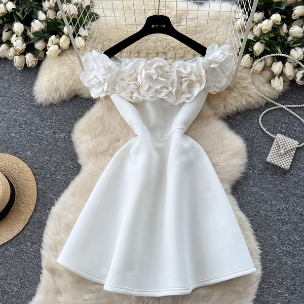 Ruffled Neckline Puffy White Dress