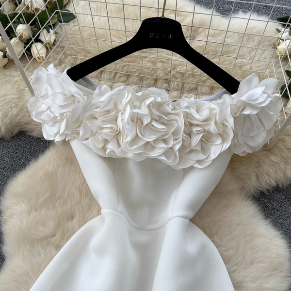 Ruffled Neckline Puffy White Dress