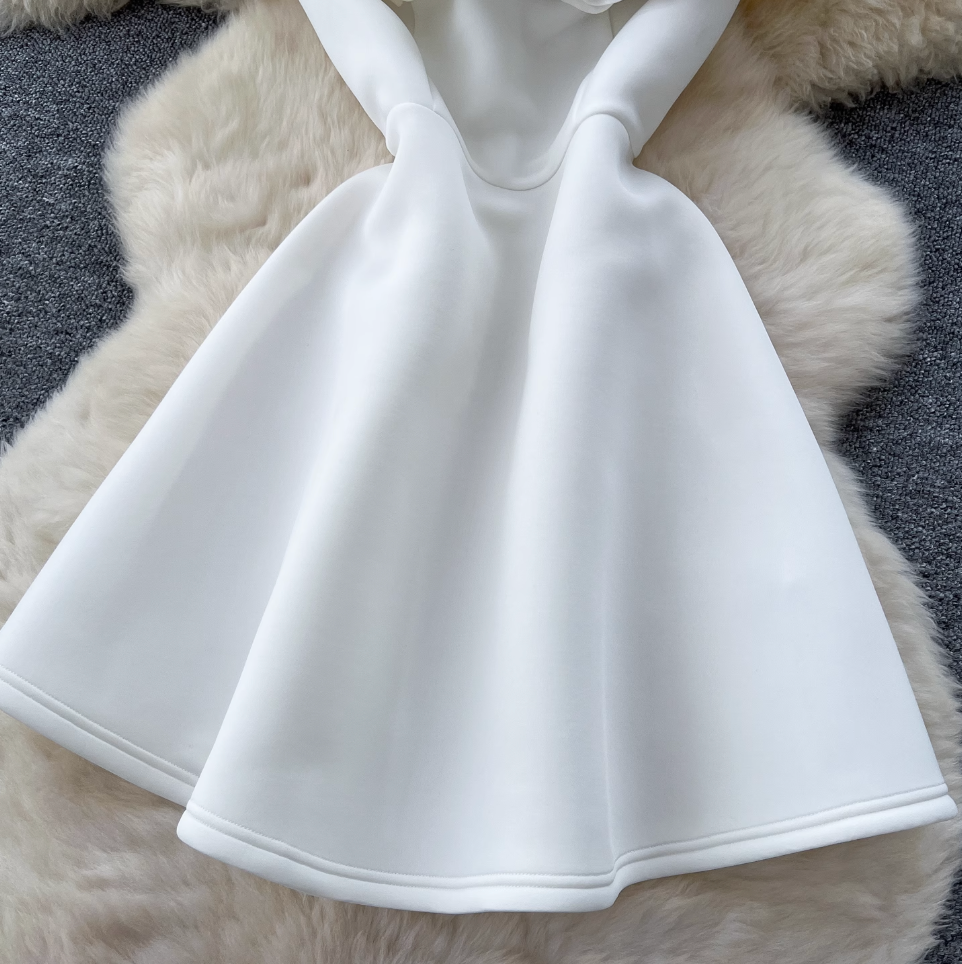 Ruffled Neckline Puffy White Dress