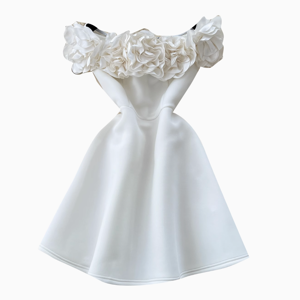 Ruffled Neckline Puffy White Dress