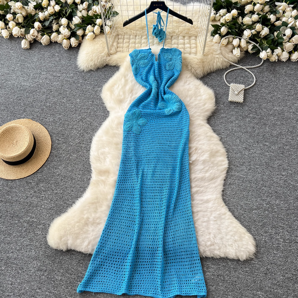 Hollowed Embroidered Blue Halter Dress