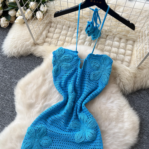 Hollowed Embroidered Blue Halter Dress