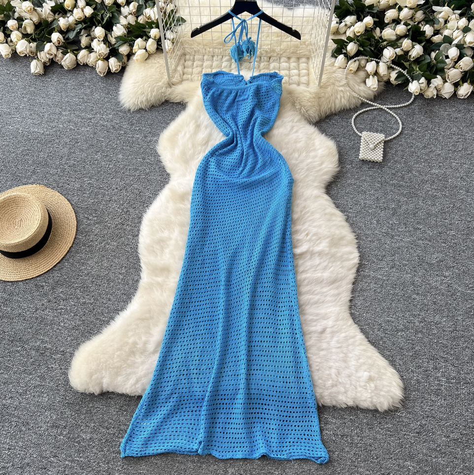 Hollowed Embroidered Blue Halter Dress