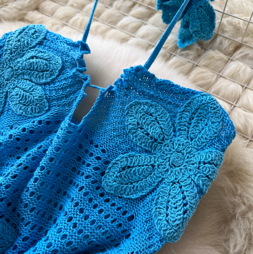 Hollowed Embroidered Blue Halter Dress