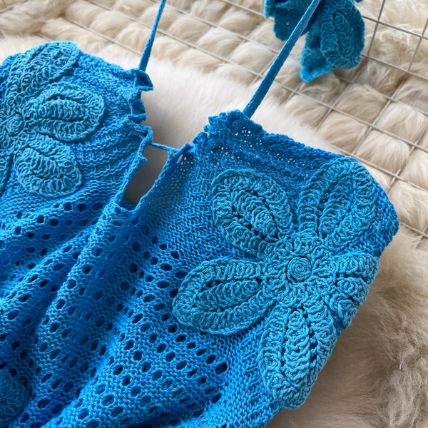 Hollowed Embroidered Blue Halter Dress