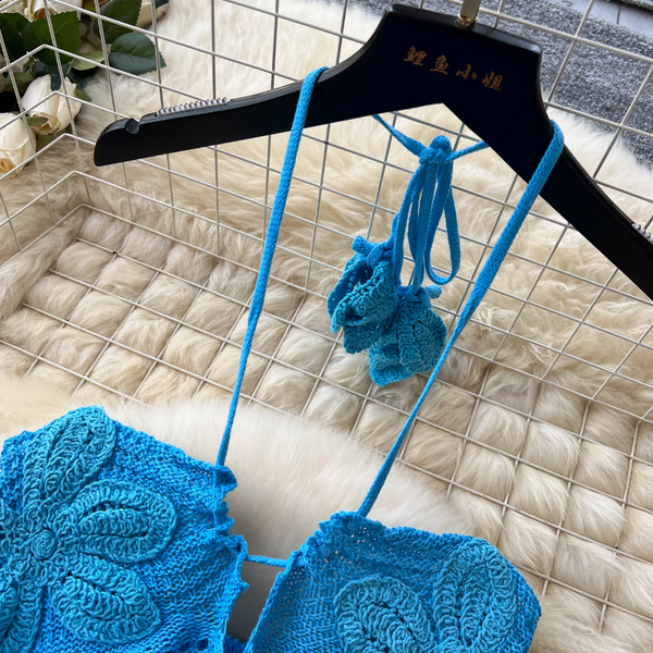 Hollowed Embroidered Blue Halter Dress