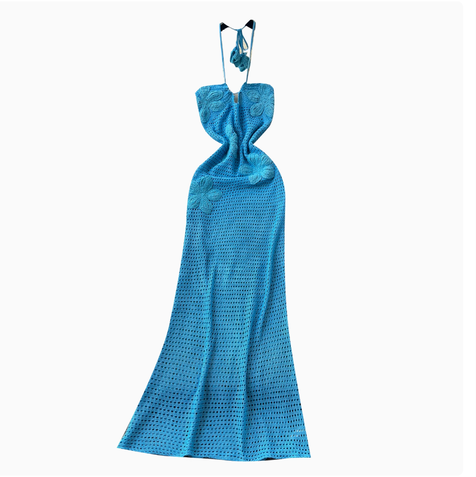 Hollowed Embroidered Blue Halter Dress