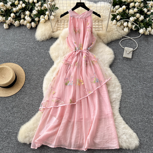 Fairy Pink Floral Patchwork Halter Dress