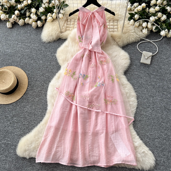 Fairy Pink Floral Patchwork Halter Dress