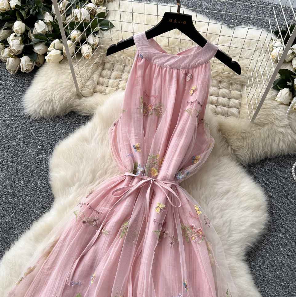 Fairy Pink Floral Patchwork Halter Dress