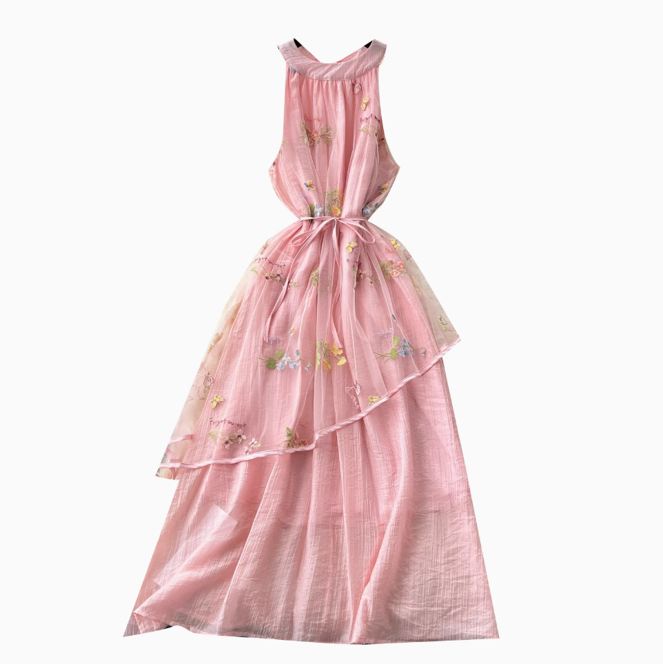 Fairy Pink Floral Patchwork Halter Dress