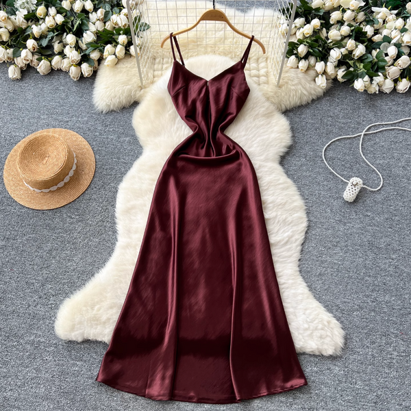 Backless Dark Red Satin Slip Dress
