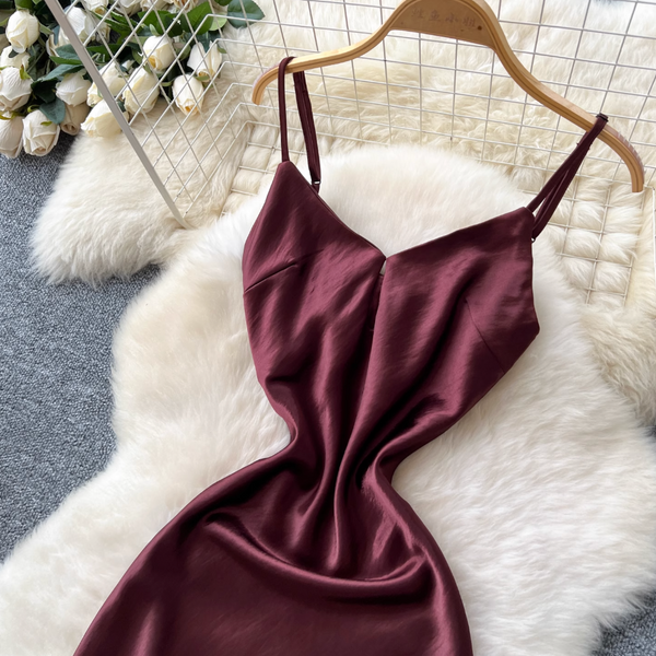 Backless Dark Red Satin Slip Dress