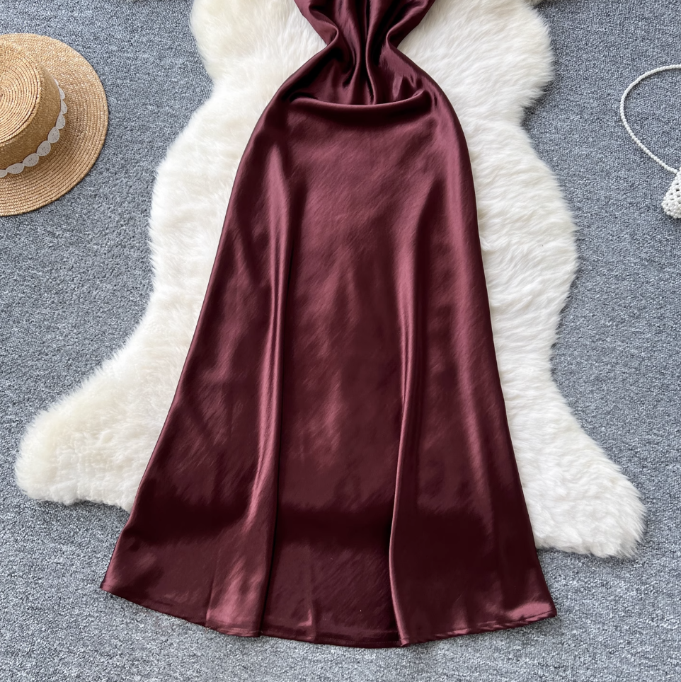 Backless Dark Red Satin Slip Dress