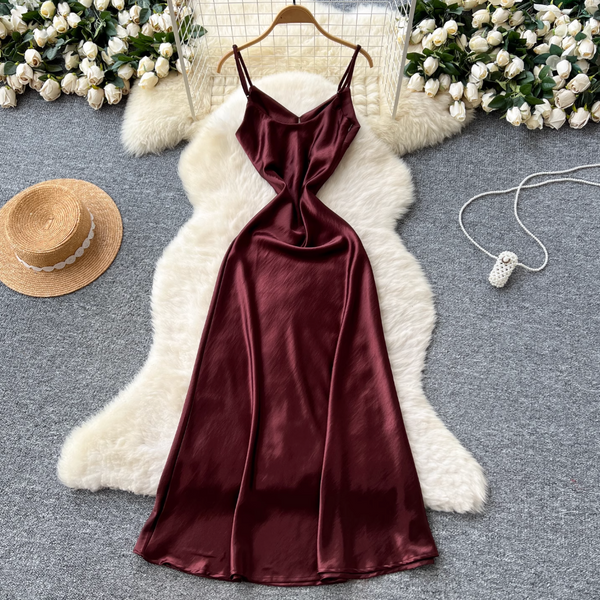 Backless Dark Red Satin Slip Dress