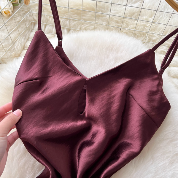 Backless Dark Red Satin Slip Dress