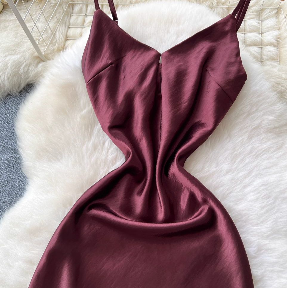 Backless Dark Red Satin Slip Dress