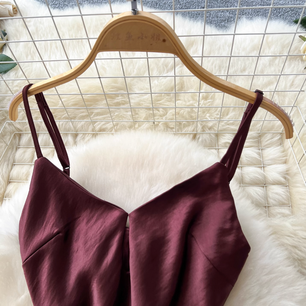 Backless Dark Red Satin Slip Dress
