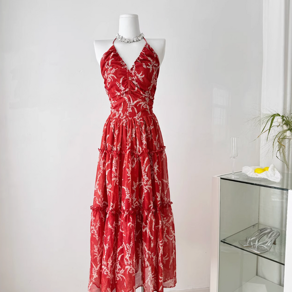 V-neck Backless Floral Halter Dress