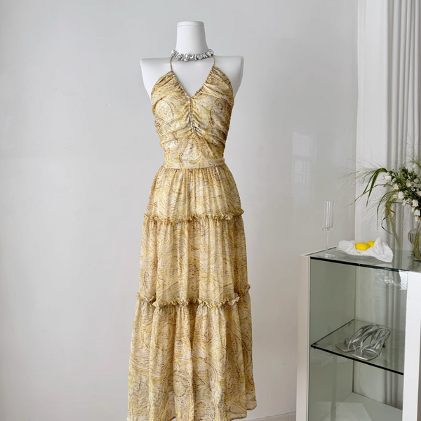 V-neck Backless Floral Halter Dress