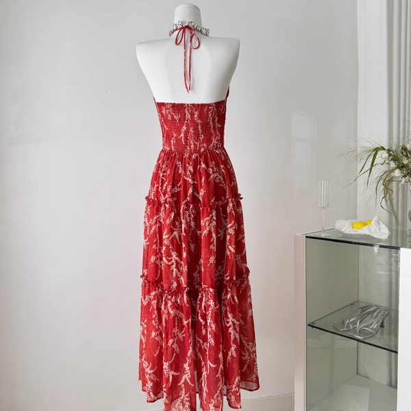 V-neck Backless Floral Halter Dress