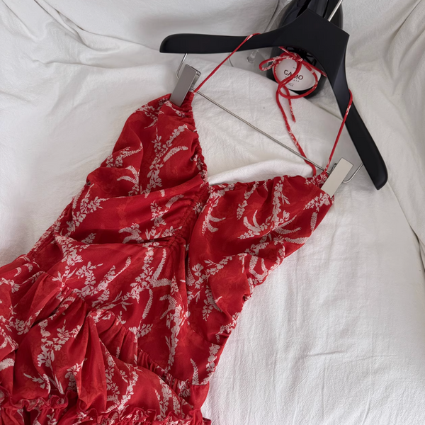 V-neck Backless Floral Halter Dress