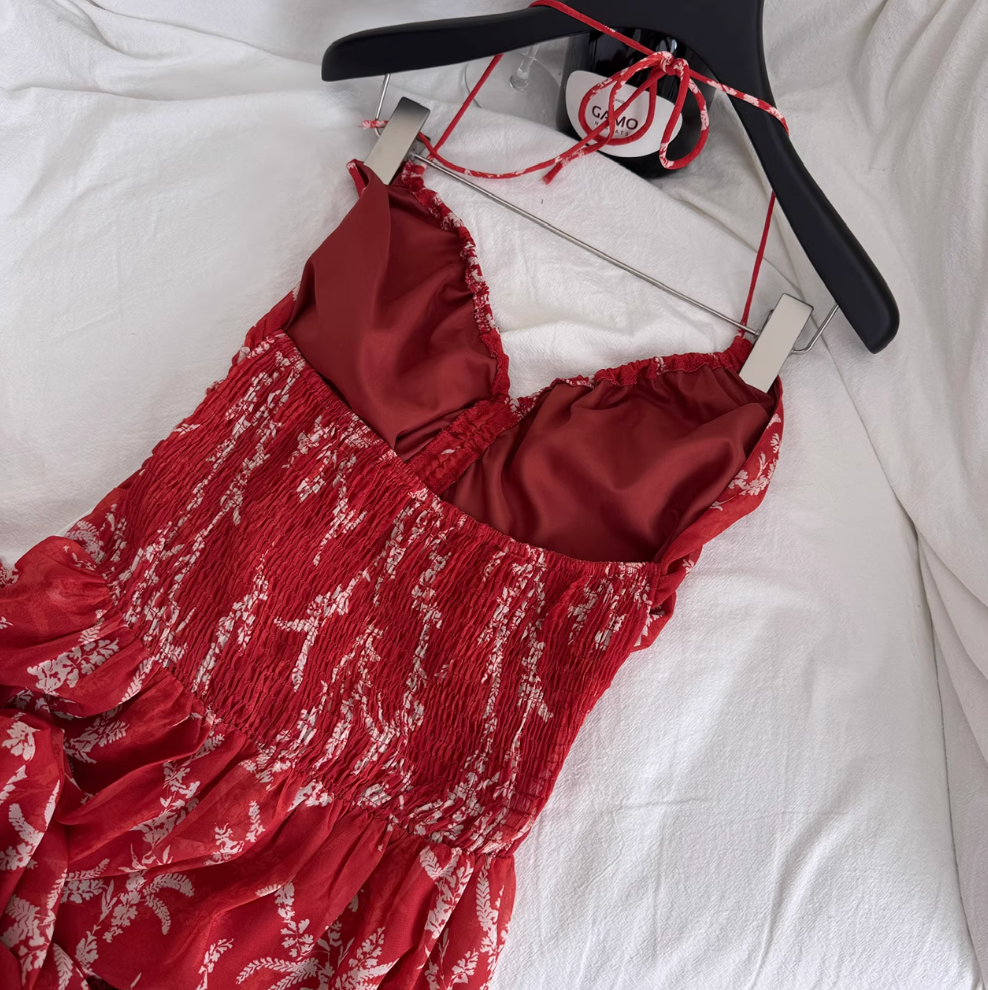 V-neck Backless Floral Halter Dress
