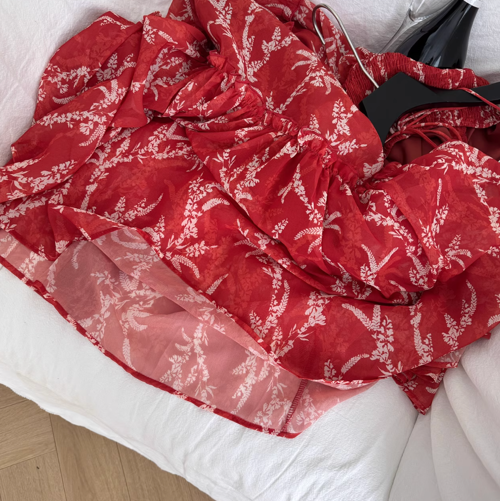 V-neck Backless Floral Halter Dress