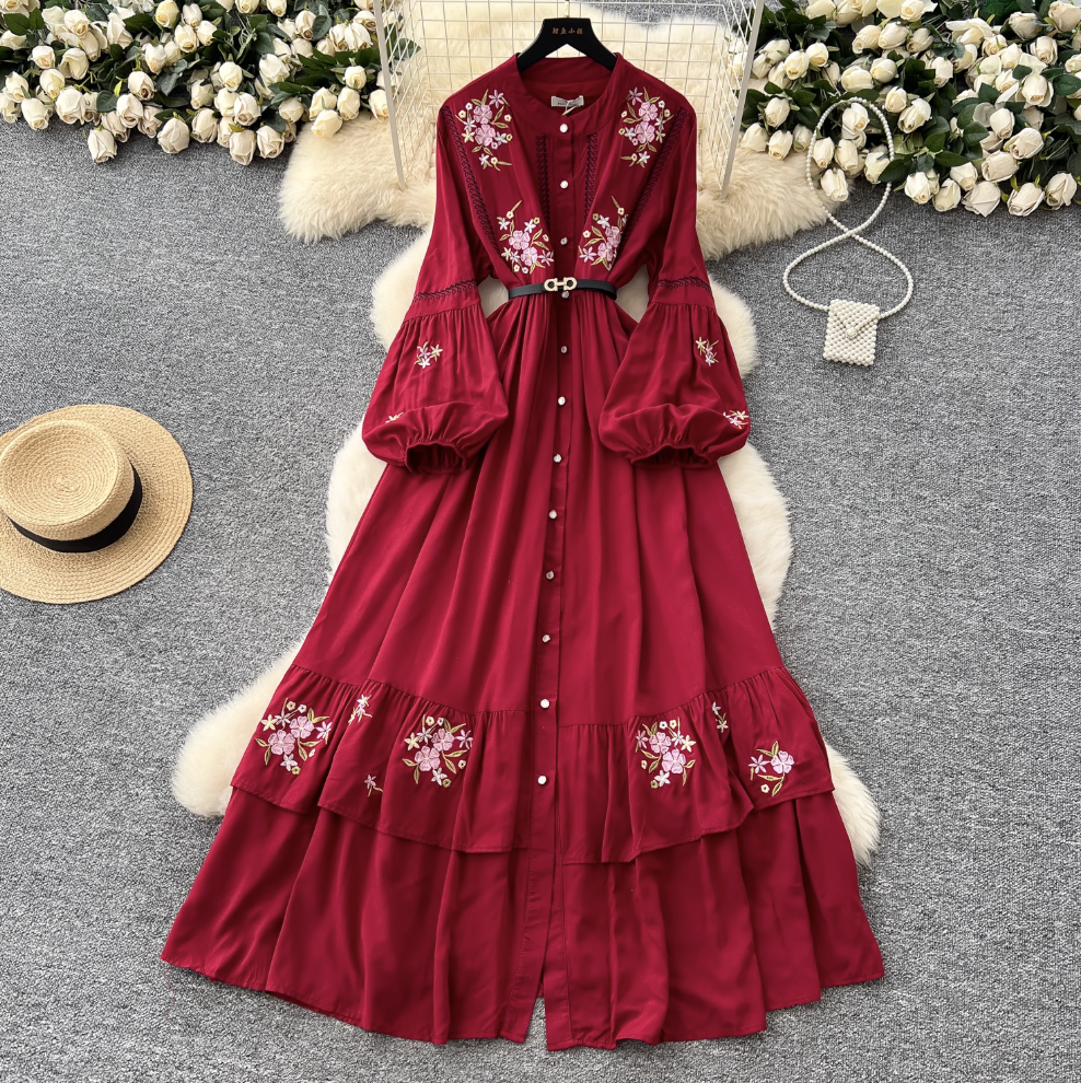 Courtly Floral Embroidered Shirt Dress
