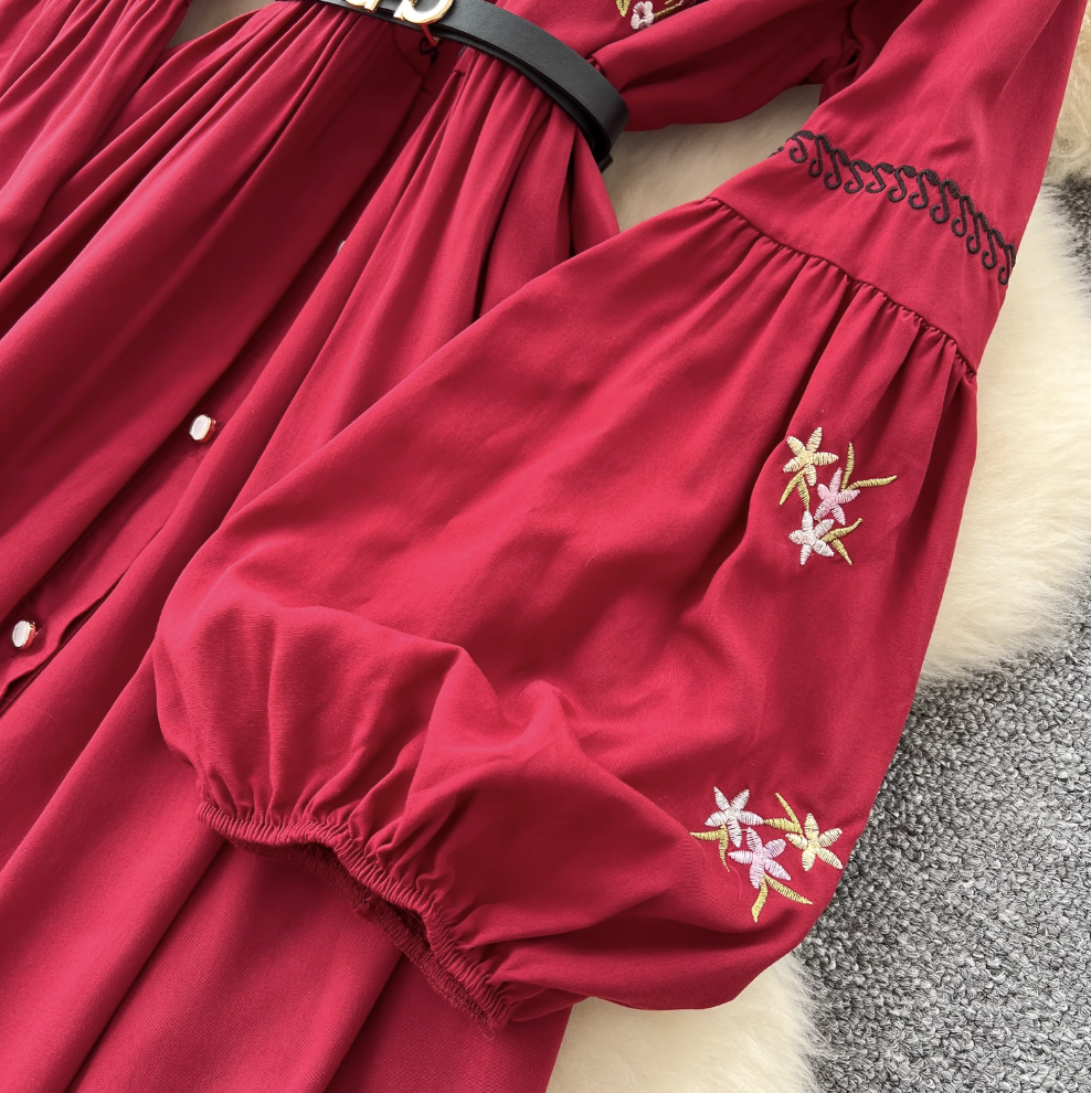 Courtly Floral Embroidered Shirt Dress
