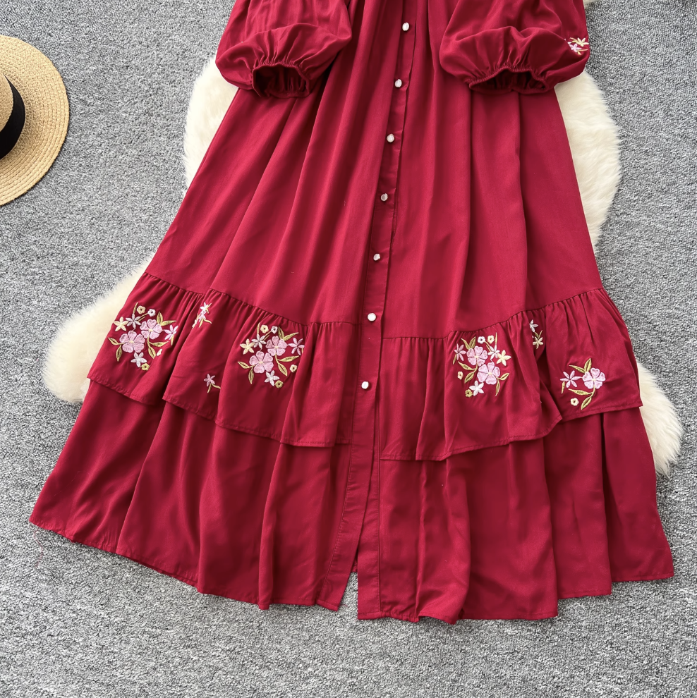 Courtly Floral Embroidered Shirt Dress